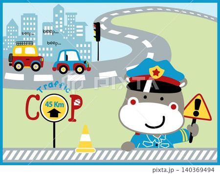 Cartoon vector of city traffic elements with funny hippo in police costume holding traffic sign Cartoon vector of city traffic elements with funny hippo in police costume holding traffic sign 140369494
