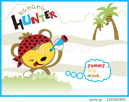 Cartoon vector of funny monkey holding binocular for looking banana Cartoon vector of funny monkey holding binocular for looking banana 140369495