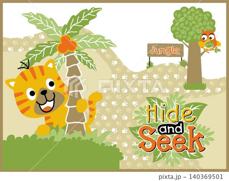 Cartoon vector of tiger and owl playing hide and seek in forest 140369501