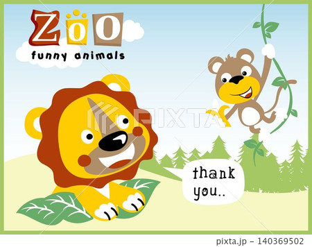 Cartoon vector of monkey carrying banana for lion, forest element cartoon Cartoon vector of monkey carrying banana for lion, forest element cartoon 140369502