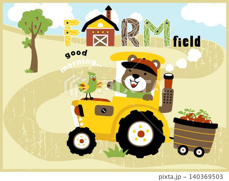 Cartoon vector of cute bear with chicken on tractor, farming element illustration 140369503