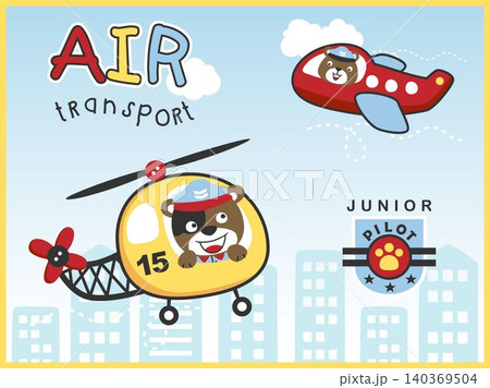 Cartoon vector of air transportations with funny animals pilot on buildings background Cartoon vector of air transportations with funny animals pilot on buildings background 140369504