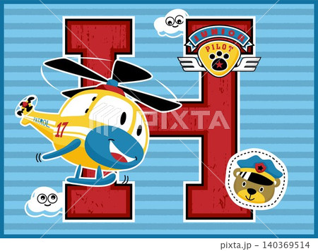 Funny helicopter cartoon vector with cute bear pilot on striped background, flight element illustration Funny helicopter cartoon vector with cute bear pilot on striped background, flight element illustration 140369514