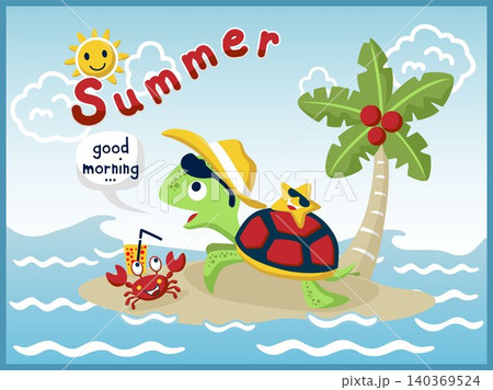 Cartoon vector of funny turtle with crab and starfish in little island, summer holiday elements 140369524