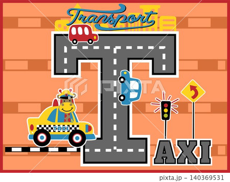 Transportations cartoon vector with cute giraffe on yellow taxi, traffic elements illustration on big TAXI text Transportations cartoon vector with cute giraffe on yellow taxi, traffic elements illustration on big TAXI text 140369531