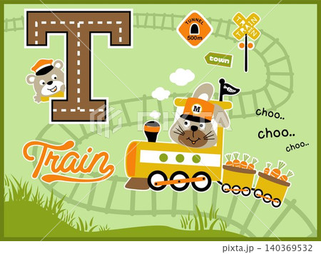 Cartoon vector of funny rabbit on steam train carrying carrots, cute bear in T letter, railroad elements cartoon Cartoon vector of funny rabbit on steam train carrying carrots, cute bear in T letter, railroad elements cartoon 140369532