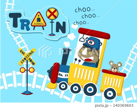 Cartoon vector of cute rhino with mouse on steam train, railway elements illustration Cartoon vector of cute rhino with mouse on steam train, railway elements illustration 140369603