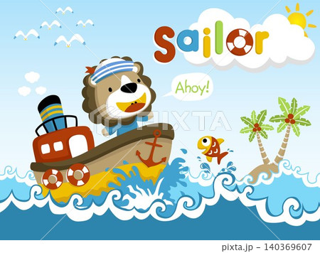 Cartoon vector of cute lion on ship, little island in the sea, funny fish jumping Cartoon vector of cute lion on ship, little island in the sea, funny fish jumping 140369607