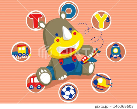Little hippo cartoon vector with his toys Little hippo cartoon vector with his toys 140369608