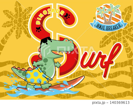 Cartoon vector of dinosaur surfing on palm tree background, surf element illustration 140369613
