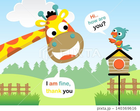 Cartoon vector of little bird on cage greet funny giraffe in the garden Cartoon vector of little bird on cage greet funny giraffe in the garden 140369616