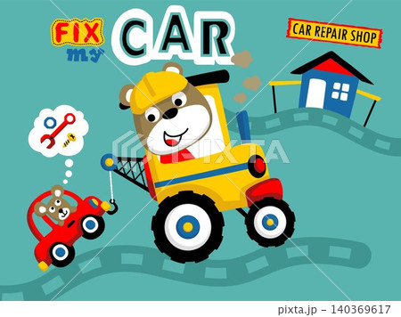 Cartoon vector of cute bear driving tow truck pulling breakdown car with a mouse Cartoon vector of cute bear driving tow truck pulling breakdown car with a mouse 140369617