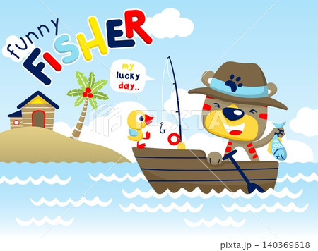 Cartoon vector of funny cat with duck on boat fishing in the sea Cartoon vector of funny cat with duck on boat fishing in the sea 140369618