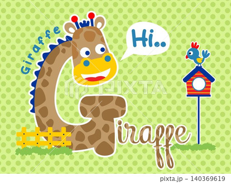 Giraffe cartoon vector in shape letter G with little bird perching on cage Giraffe cartoon vector in shape letter G with little bird perching on cage 140369619