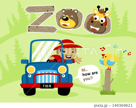 Little boy on car with cute animals, vector cartoon illustration Little boy on car with cute animals, vector cartoon illustration 140369621