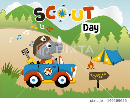 Little rhino in scout uniform driving car going to camping ground, vector cartoon illustration, camping elements 140369626