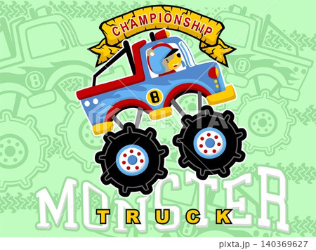 Cartoon vector of monster truck with funny bear driver on tire track and monster truck background Cartoon vector of monster truck with funny bear driver on tire track and monster truck background 140369627