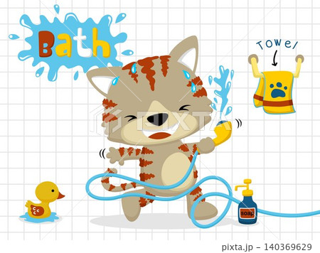 Little cat cartoon vector in bathroom holding water hose, bathroom elements illustration Little cat cartoon vector in bathroom holding water hose, bathroom elements illustration 140369629