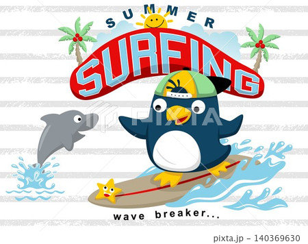 Vector cartoon of cute penguin surfing with dolphin and starfish, summer beach elements Vector cartoon of cute penguin surfing with dolphin and starfish, summer beach elements 140369630