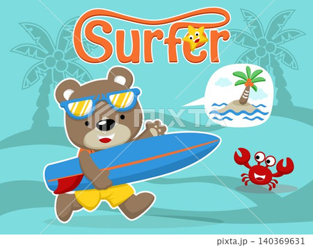 Cartoon vector of cute bear carrying surfboard, surfing elements with starfish with crab Cartoon vector of cute bear carrying surfboard, surfing elements with starfish with crab 140369631