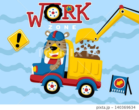 construction vehicle cartoon vector with funny tiger driver, construction elements illustration construction vehicle cartoon vector with funny tiger driver, construction elements illustration 140369634