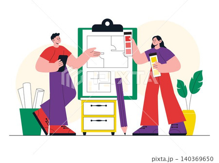 Interior Designer Vector Illustration Featuring Home Design Planning, Architectural Floor Plan, Creative Workspace, and Modern Interior Concept Interior Designer Vector Illustration Featuring Home Design Planning, Architectural Floor Plan, Creative Workspace, and Modern Interior Concept 140369650