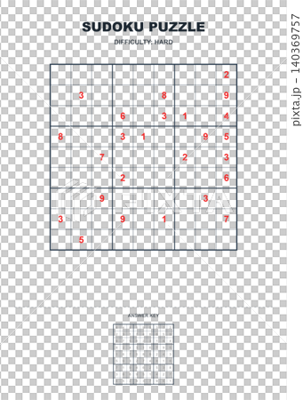 Hard sudoku puzzle game template with answer key complex logical worksheet for experts PNG Hard sudoku puzzle game template with answer key complex logical worksheet for experts PNG 140369757
