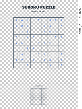 Easy sudoku puzzle game template with answer key logical worksheet for beginners PNG Easy sudoku puzzle game template with answer key logical worksheet for beginners PNG 140369758