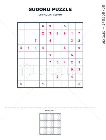 Medium difficulty sudoku puzzle game template with answer key education logic worksheet PNG 140369759