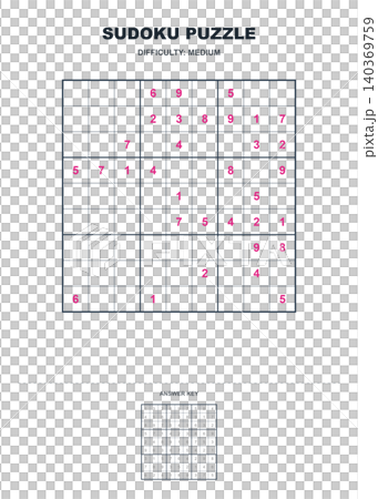 Medium difficulty sudoku puzzle game template with answer key education logic worksheet PNG 140369759
