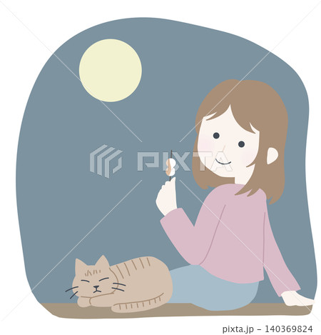 お月見だんごを食べる女の子と猫のイラスト お月見だんごを食べる女の子と猫のイラスト 140369824