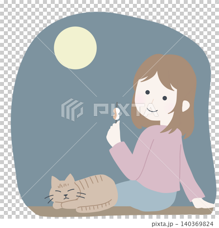 お月見だんごを食べる女の子と猫のイラスト お月見だんごを食べる女の子と猫のイラスト 140369824