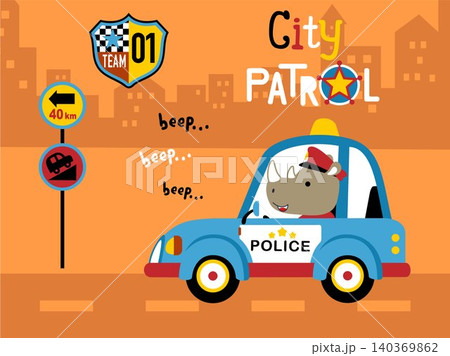 Vector illustration of cartoon rhino driving police car on buildings background, traffic element Vector illustration of cartoon rhino driving police car on buildings background, traffic element 140369862