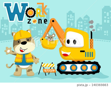Cartoon vector of cute puppy in worker costume with little mouse on construction vehicle on buildings background Cartoon vector of cute puppy in worker costume with little mouse on construction vehicle on buildings background 140369863