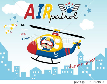Vector illustration of cartoon funny bear pilot on helicopter across buildings with herd of bird 140369864