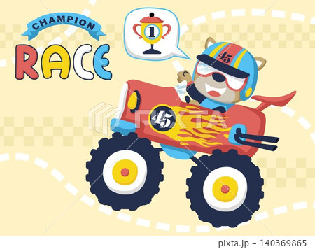 Cartoon vector of funny cat driving monster truck, car racing element illustration Cartoon vector of funny cat driving monster truck, car racing element illustration 140369865