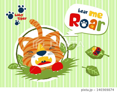 Baby tiger cartoon roaring in bush with ladybird on leaf. Vector cartoon illustration Baby tiger cartoon roaring in bush with ladybird on leaf. Vector cartoon illustration 140369874