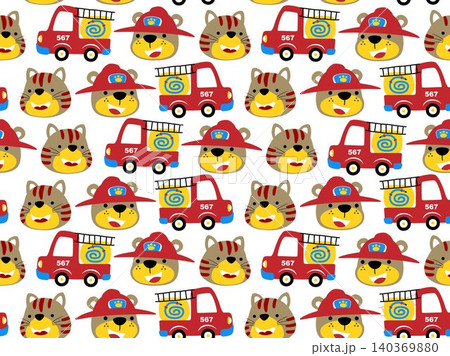 Seamless pattern vector. Fire truck with funny bear using firefighter helmet and smiling cat 140369880