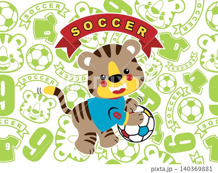 Funny little tiger holding ball on seamless pattern background of soccer elements and tiger smiling face. Vector cartoon illustration 140369881