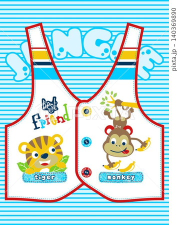 Vector cartoon of baby tiger hiding on leaves, monkey hang on tree branches while holding bananas. Children clothes pattern Vector cartoon of baby tiger hiding on leaves, monkey hang on tree branches while holding bananas. Children clothes pattern 140369890