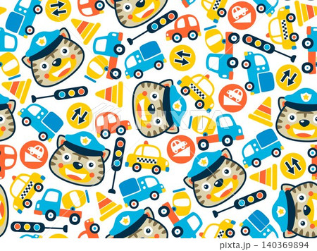 seamless pattern vector of funny cat in police cap with colorful cars and traffic signs. Vector cartoon illustration 140369894