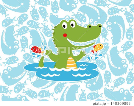Vector of funny crocodile cartoon with two fish in swamp on seamless pattern background of fishes and crocodile face 140369895