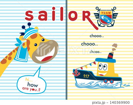 Vector illustration of giraffe wearing sailor accessories with smiling boat cartoon on striped background, sailing elements Vector illustration of giraffe wearing sailor accessories with smiling boat cartoon on striped background, sailing elements 140369900