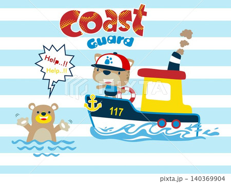 Funny cat standing on coast guard boat while holding lifebuoy to given for bear in the water. Vector cartoon illustration 140369904