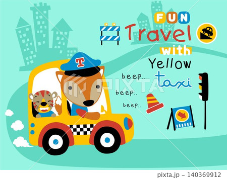 vector cartoon of funny fox and tiger yellow taxi, traffic element illustration vector cartoon of funny fox and tiger yellow taxi, traffic element illustration 140369912