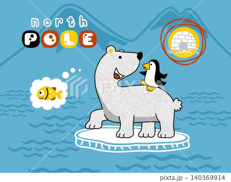 Vector cartoon of cute penguin ride on polar bear's back, Antarctica element illustration Vector cartoon of cute penguin ride on polar bear's back, Antarctica element illustration 140369914