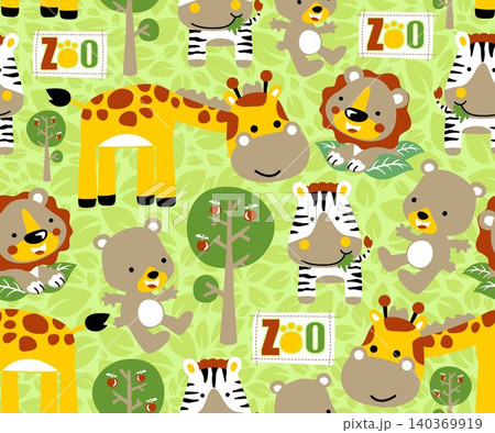 seamless pattern vector with cute animals on leaves background, jungle element cartoon seamless pattern vector with cute animals on leaves background, jungle element cartoon 140369919