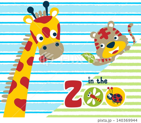 Vector illustration of cute animals, cartoon tiger and giraffe with funny bugs on striped background Vector illustration of cute animals, cartoon tiger and giraffe with funny bugs on striped background 140369944