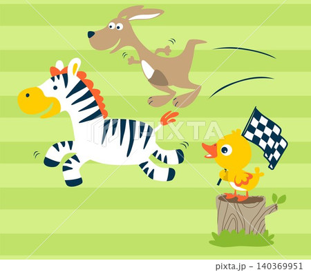 Vector illustration of cartoon zebra and kangaroo on a race, little duck holding finish flag on tree stump Vector illustration of cartoon zebra and kangaroo on a race, little duck holding finish flag on tree stump 140369951