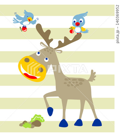 Vector illustration of cartoon deer with birds carrying fruit Vector illustration of cartoon deer with birds carrying fruit 140369952